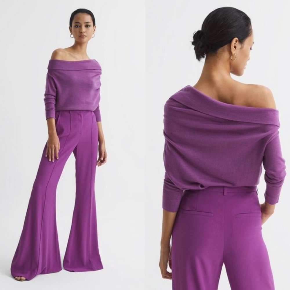 Reiss Gracey Top Merino Wool Purple Off the Shoulder Knit Sweater Women's‎ L